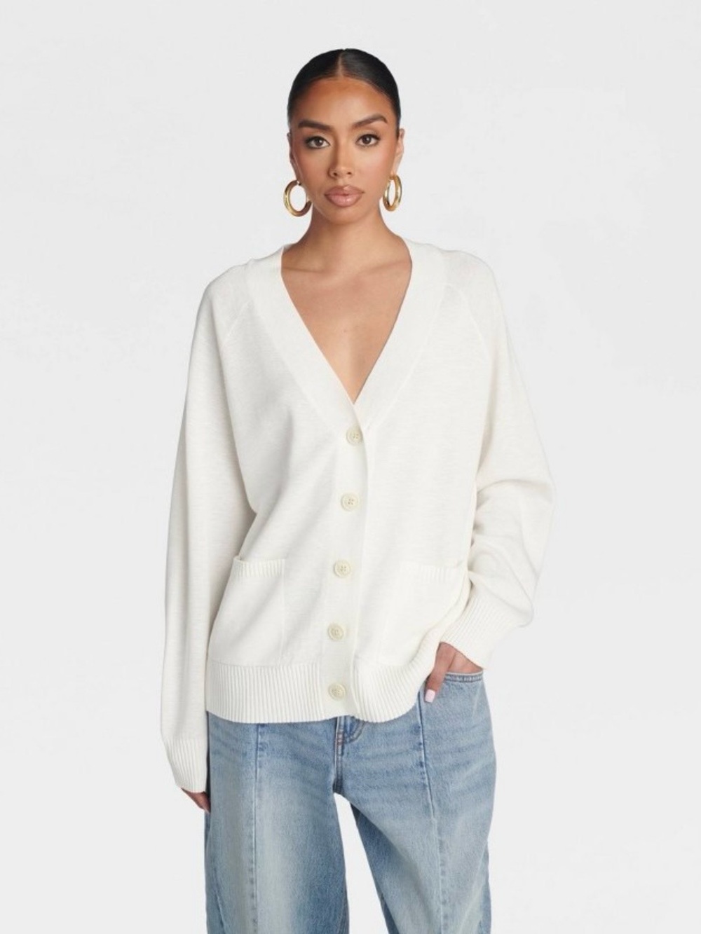 Everyday V-Neck Button Cardigan - Cream b189